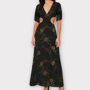 Honey Punch Womens Dress Small Maxi Floral Side Back Cutouts Fringe Bohemian NWT